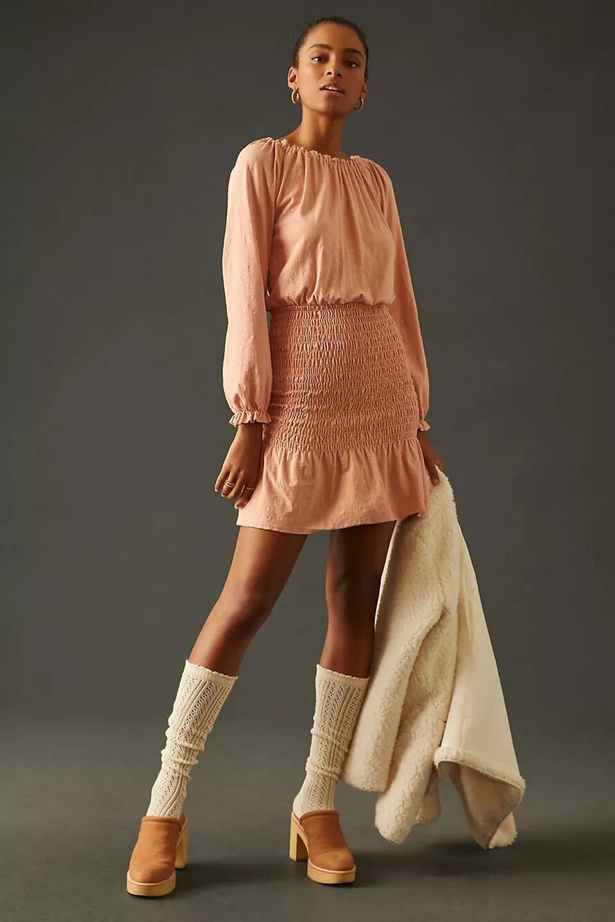 NWD Sundry Ruffle Smock Dress Size 3 US L Taupe Beige Pink #B1410